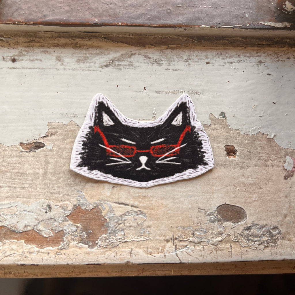 Black Cat with Red Glasses Sticker