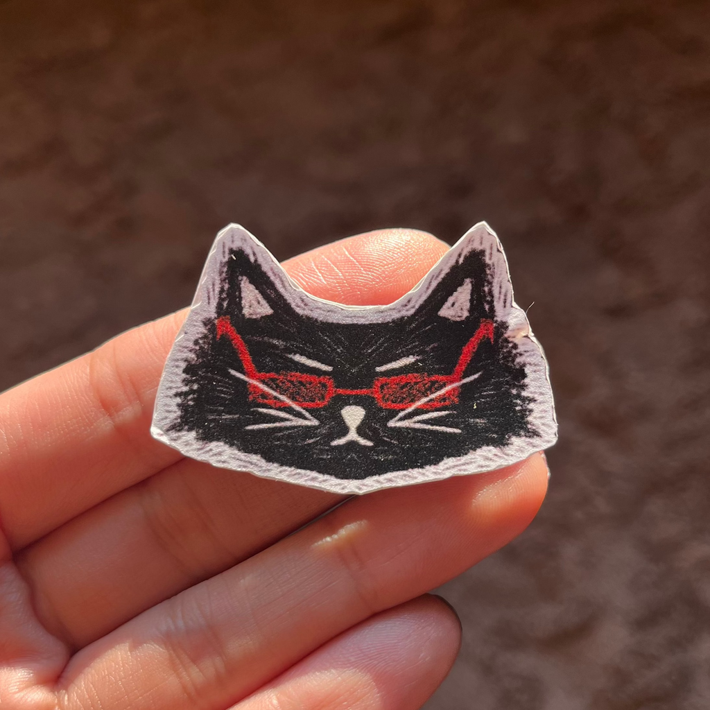 Black Cat with Red Glasses Sticker